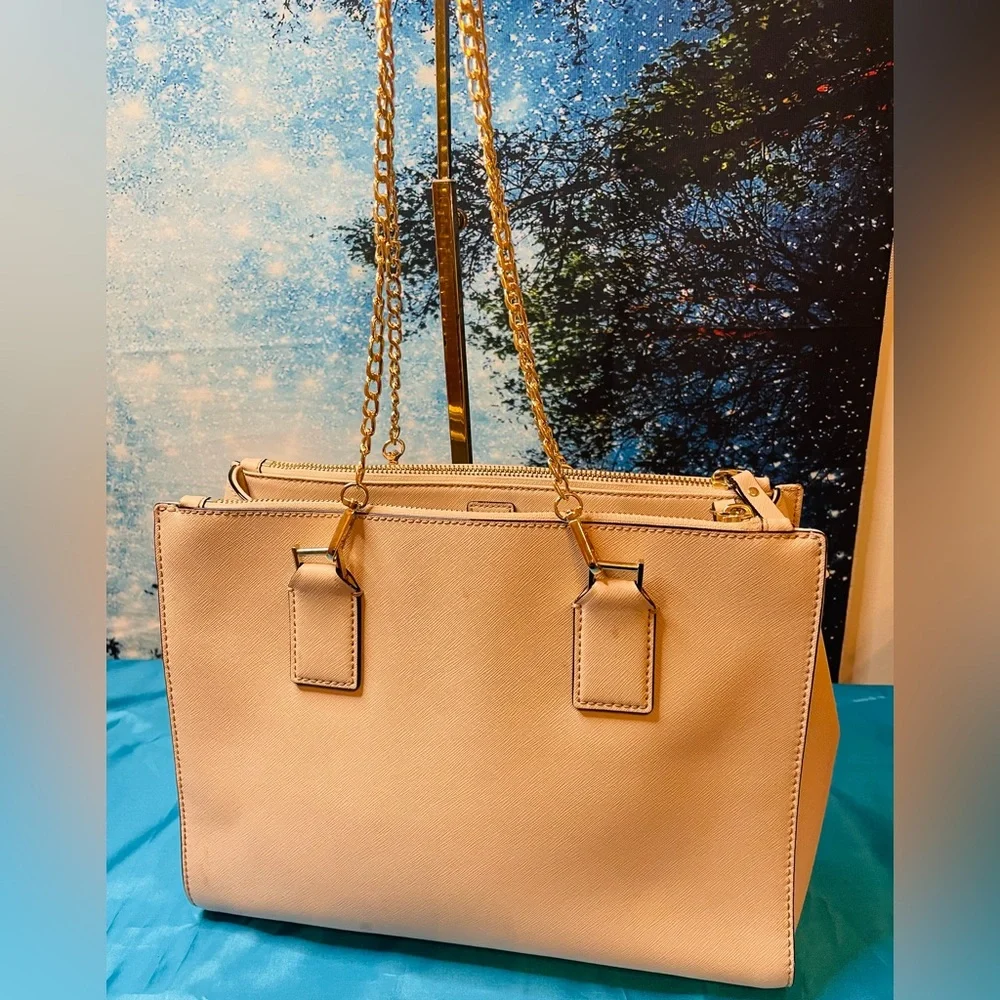 Kate Spade Large Shoulder Bag Beige EUC 3 Big Compartments B & W Striped Lining - Picture 7 of 14